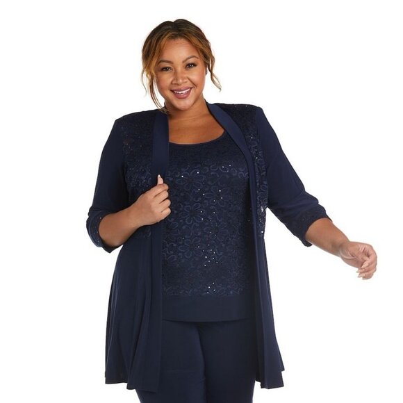 R&M Richards Size 16 W Navy Blue Lace Sparkle Camisole With Pleated Cardigan NWT - Picture 2 of 6